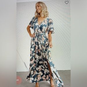 Baltic Born Sicily Satin Maxi Dress- Blue Floral- Xl